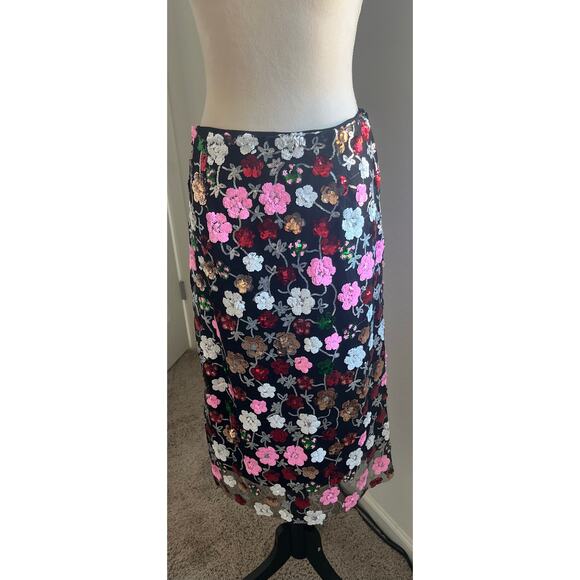 Evolutionary Multicolor Floral and Black Sequin and Mesh Side Zip Up Skirt Sz L - Picture 2 of 12